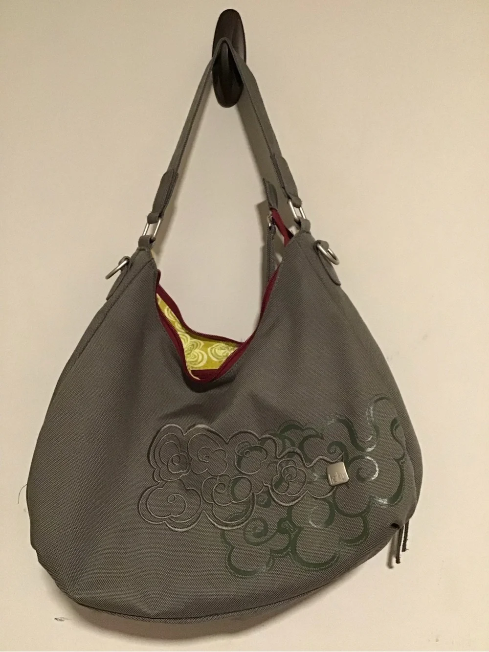 Gray Floral Applique Hobo Bag - Unbranded